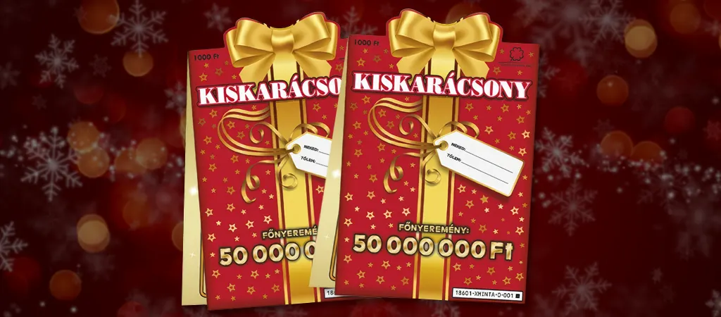 Kiskarácsony sorsjegy piros ajándékdoboz designnal, 50 millió forintos főnyereménnyel.