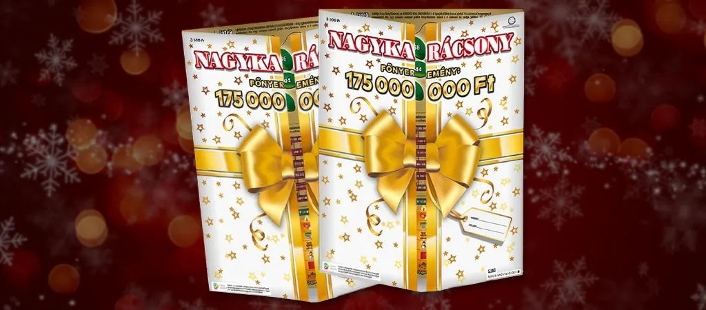 Nagykarácsony sorsjegy arany ajándékdoboz designnal, 175 millió forintos főnyereménnyel.