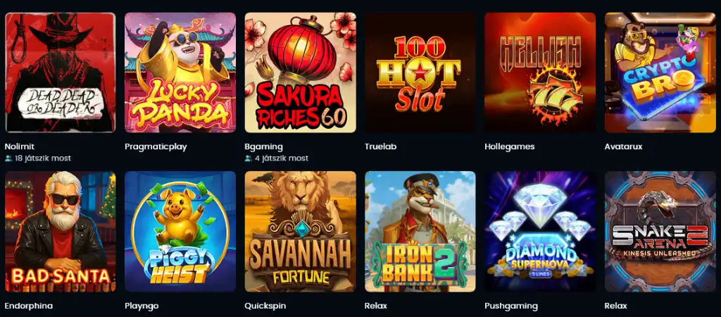 Snatch Casino nyerőgépes játékok választéka különböző slot játék ikonokkal az online kaszinó felületén