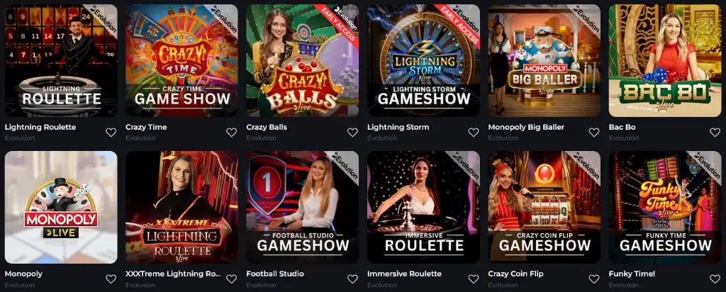 BDMbet kaszinó élő kaszinó játékok, mint a Lightning Roulette, Crazy Time és Monopoly Live.