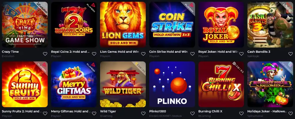 BDMbet kaszinó nyerőgépek, népszerű játékok, mint a Royal Coins, Lion Gems és Crazy Time.