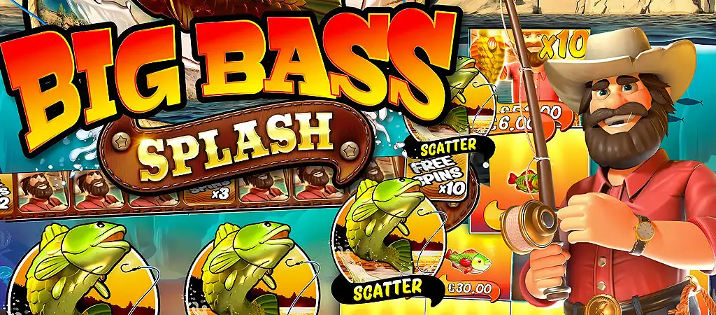 Big Bass Splash nyerőgép képernyője, scatter szimbólumokkal és ingyen pörgetések lehetőségével.