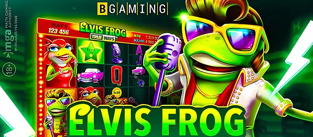 Elvis Frog nyerőgép színes képernyője, amely az ingyen pörgetések szórakoztató élményét kínálja.