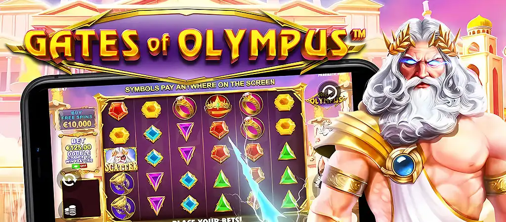 Gates of Olympus nyerőgép Zeusszal és fényes szimbólumokkal.