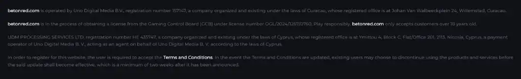 Betonred Casino licenc és üzemeltetési információk, Curacao és Ciprus székhelyű regisztráció, működési adatok és felelősségteljes játékfeltételek.