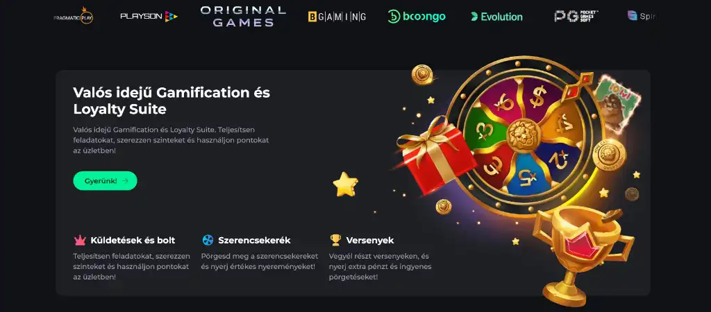 Betonred Casino Gamification és Loyalty Suite. Küldetések, szerencsekerék és versenyek azonnali nyereményekkel.