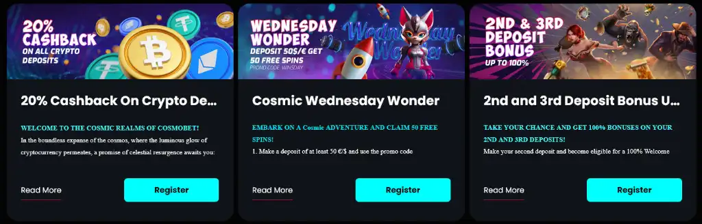 Cosmobet Casino különleges bónusz ajánlatok, mint kriptovaluta cashback, heti promóciók és befizetési bónuszok.