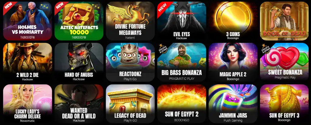 Cosmobet Casino slot nyerőgépes játékok, például Sweet Bonanza, Big Bass Bonanza és Book of Dead.