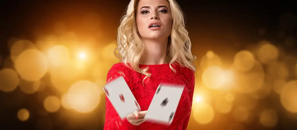Eleg&aacute;ns nő piros ruh&aacute;ban, k&aacute;rty&aacute;kat dobva, a gambling jelent&eacute;se &eacute;s a szerencsej&aacute;t&eacute;k vil&aacute;g&aacute;t jelk&eacute;pezve.