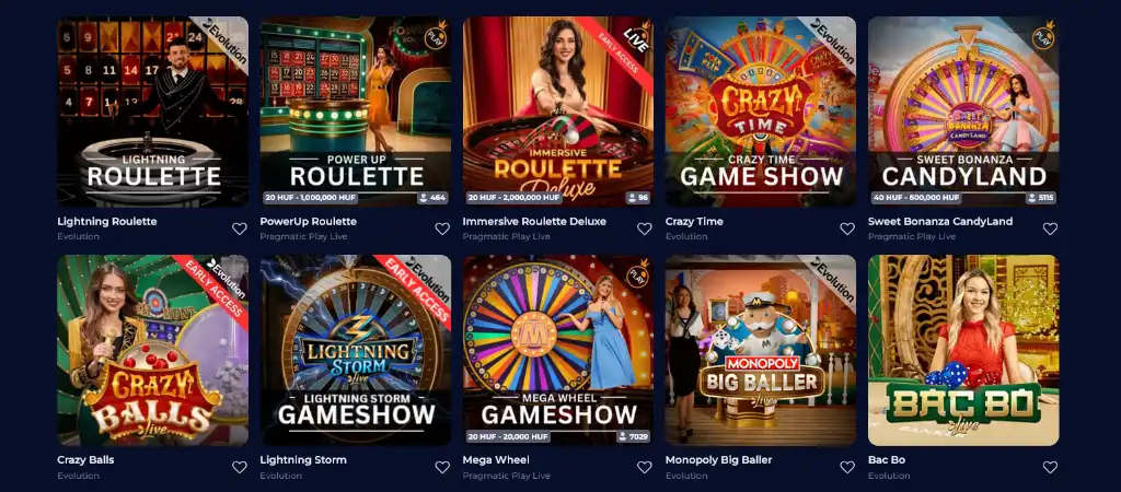 Ninecasino élő kaszinó játékok, köztük Lightning Roulette, PowerUp Roulette, és Crazy Time. Interaktív élő osztós szórakozás.