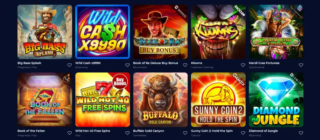 Ninecasino nyerőgépes játékok, mint a Big Bass Splash, Wild Cash X9990, és a Book of Ra Deluxe.
