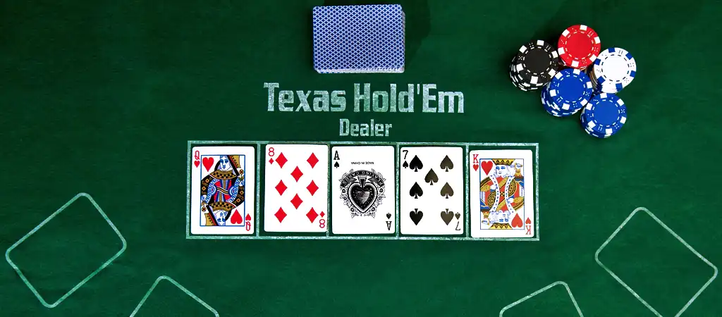 Texas Hold'em p&oacute;ker szab&aacute;lyok, az oszt&oacute; &aacute;ltal leosztott &ouml;t k&ouml;z&ouml;s lap a river sor&aacute;n, zsetonokkal az asztalon.