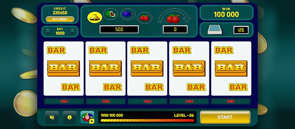Fruit Poker klasszikus nyerőg&eacute;p online v&aacute;ltozata, BAR szimb&oacute;lumokkal &eacute;s nagy nyerem&eacute;nnyel.