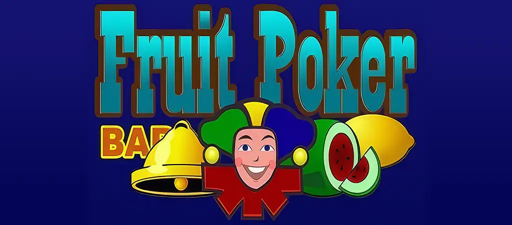 Fruit Poker log&oacute;, klasszikus gy&uuml;m&ouml;lcs&ouml;s nyerőg&eacute;p diz&aacute;jnnal, harang &eacute;s dinnye ikonokkal.
