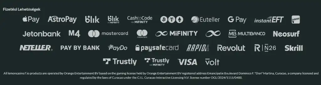 A Lemon Casino befizetési lehetőségei, beleértve a Visa, Mastercard, Revolut, Neteller és más fizetési módokat. A logók sötét háttéren jelennek meg.