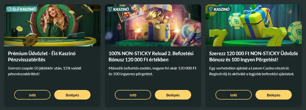 A Lemon Casino élő kaszinó bónusz promóciója, amely egy rulettasztal és lebegő zsetonok előtt ülő nővel hirdeti az ajánlatot. A prémium játékélményt az arany és zöld színek hangsúlyozzák.