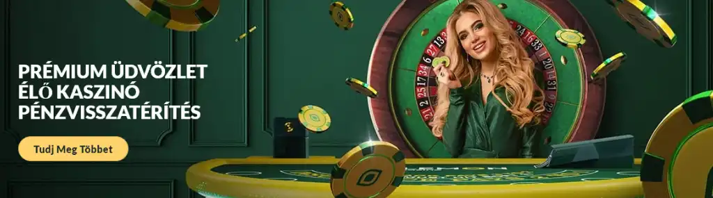 A Lemon Casino élő kaszinó bónusz promóciója egy rulettkerék és egy elegáns, zöld ruhás nő előtt lebegő zsetonokkal. A prémium kaszinó hangulatot az arany és zöld színek emelik ki.
