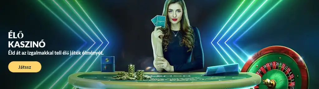 A Lemon Casino élő kaszinó asztala, ahol egy osztó egy kártyát tart a kezében. A háttérben világító rulettkerék és zsetonok jelennek meg, kihangsúlyozva az izgalmas élő játékokat.