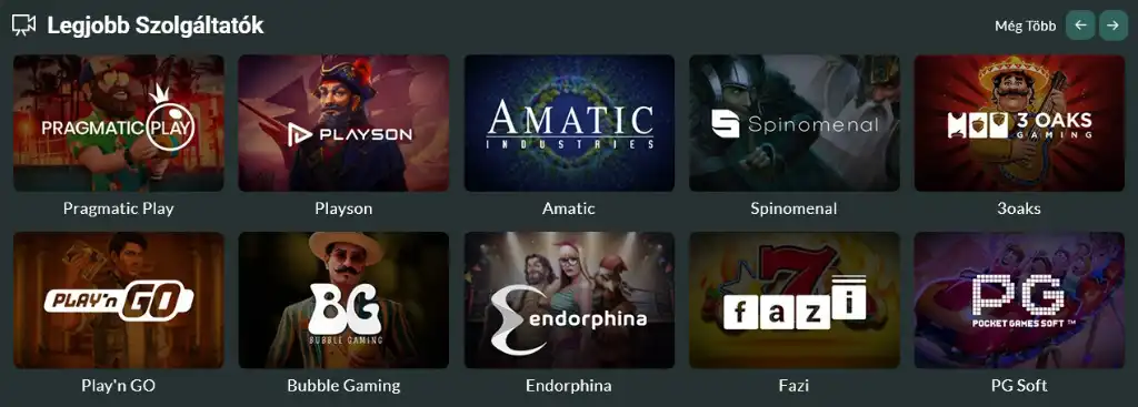 A Lemon Casino által kínált kaszinójáték szolgáltatók logói egy sötét háttéren. Olyan neves fejlesztők szerepelnek, mint Pragmatic Play, Evolution Gaming és Play’n GO.
