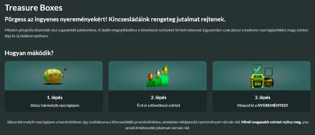 A Lemon Casino kincsesláda promóciója, amely extra bónuszokat és ingyenes pörgetéseket rejt. A grafika egy arany érmékkel és zsetonokkal teli ládát mutat.