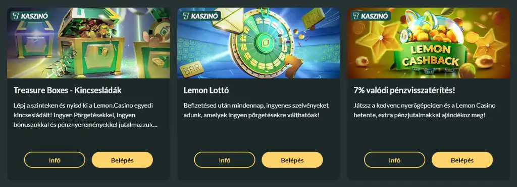 A Lemon Casino promóciós ajánlatai, beleértve a kincsesláda nyereményeket, a szerencsekerék bónuszokat és a pénzvisszatérítési lehetőségeket. A kép dinamikus kaszinó grafikát tartalmaz.