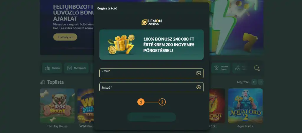 A Lemon Casino regisztrációs felülete egy sötét háttéren elhelyezett zöld űrlappal. Az új játékosok e-mail és jelszó megadásával hozhatnak létre fiókot, hogy aktiválják a bónuszokat.
