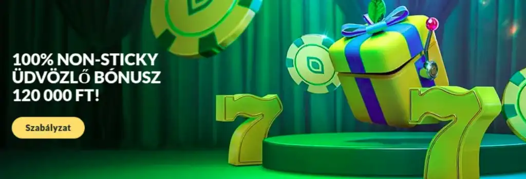 A Lemon Casino üdvözlő bónusza egy zöld ajándékdobozt és lebegő kaszinó zsetonokat ábrázol. A háttérben a játékasztal és szerencsejáték ikonok láthatók.