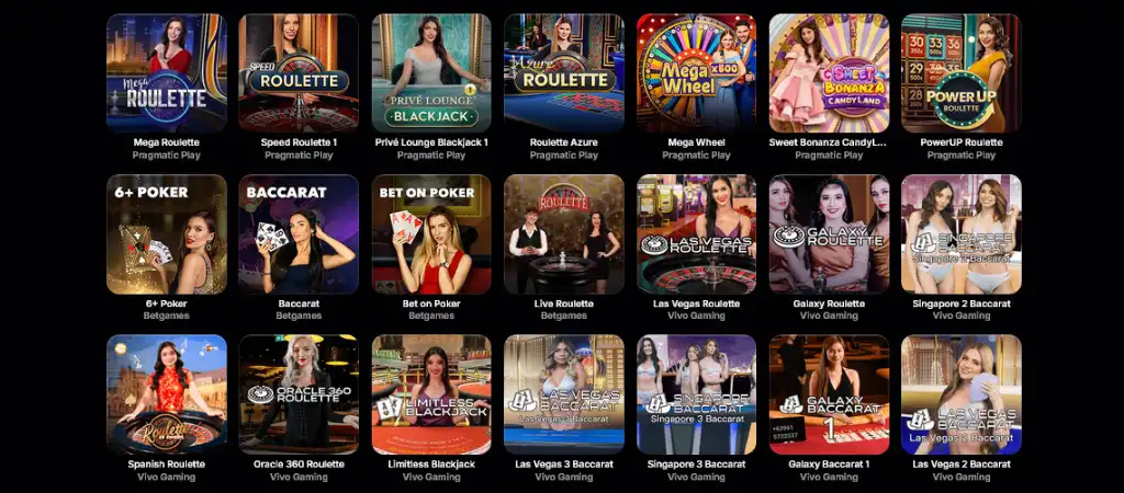 Élő kaszinó játékok az NV casinoban, élő rulett, blackjack, baccarat és póker valódi osztókkal.