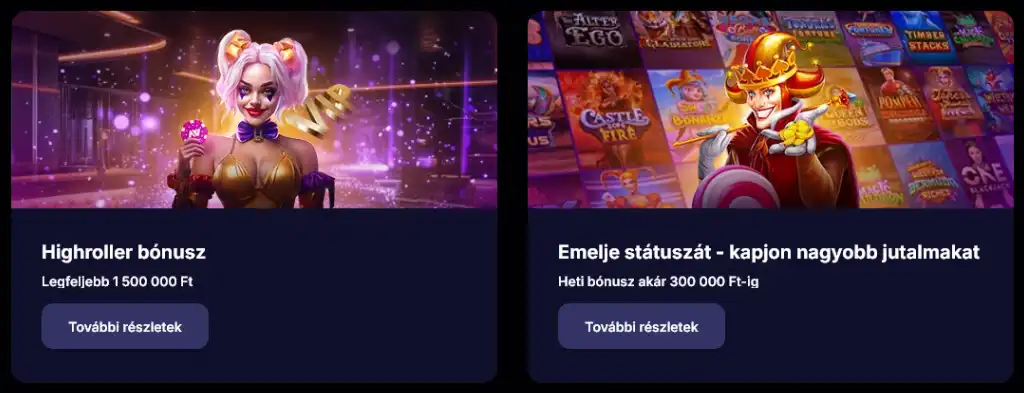Heti és highroller bónuszok az NV casinoban, akár 1500000 Ft extra jutalom a hűséges játékosoknak.