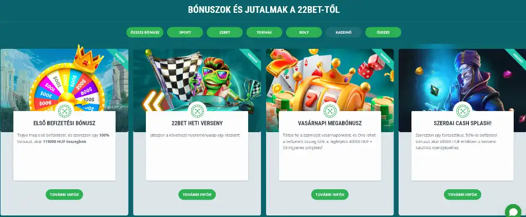22bet kaszinó bónusz ajánlatok, heti versenyek, cashback és ingyenes pörgetések