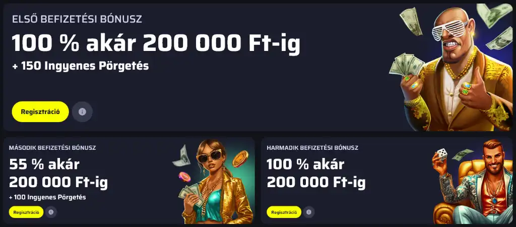 BDMbet kaszinó befizetési bónuszok, 100% akár 200 000 Ft-ig és ingyenes pörgetések.