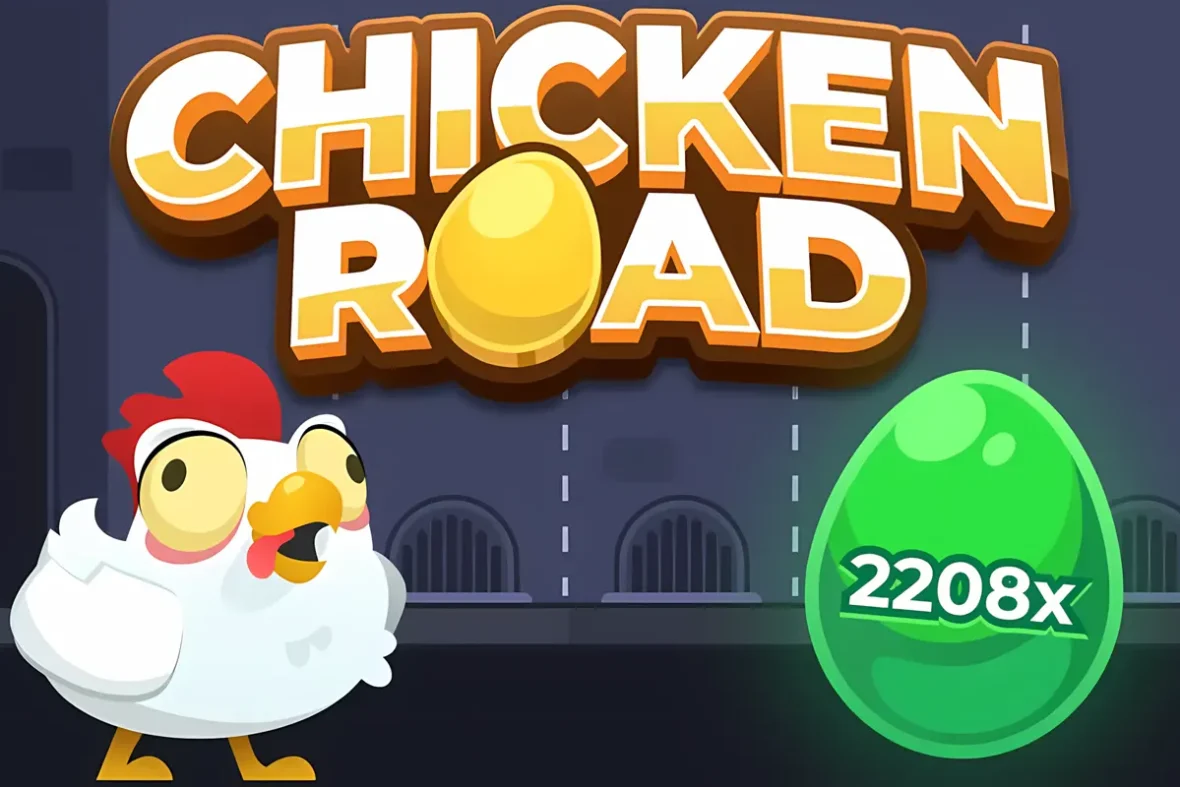 Chicken Road borítókép, aranytojásos logó, meglepett csirke és 2208x szorzót érő zöld tojás.
