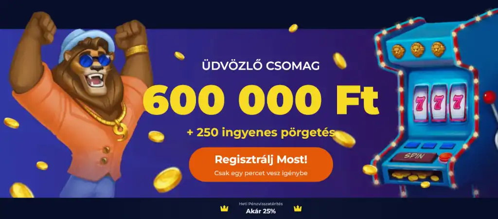 Ninecasino üdvözlő csomag: 600000 Ft + 250 ingyenes pörgetés.