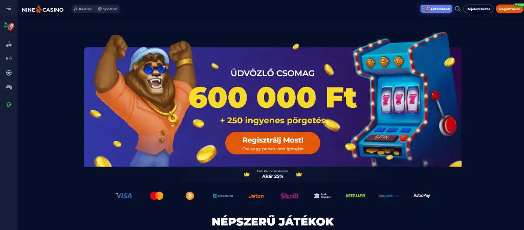 Nine Casino weboldala, 600 000 Ft és 250 ingyenes pörgetés új játékosok számára, online kaszinó promóciók és fizetési lehetőségek és online játékgépek.