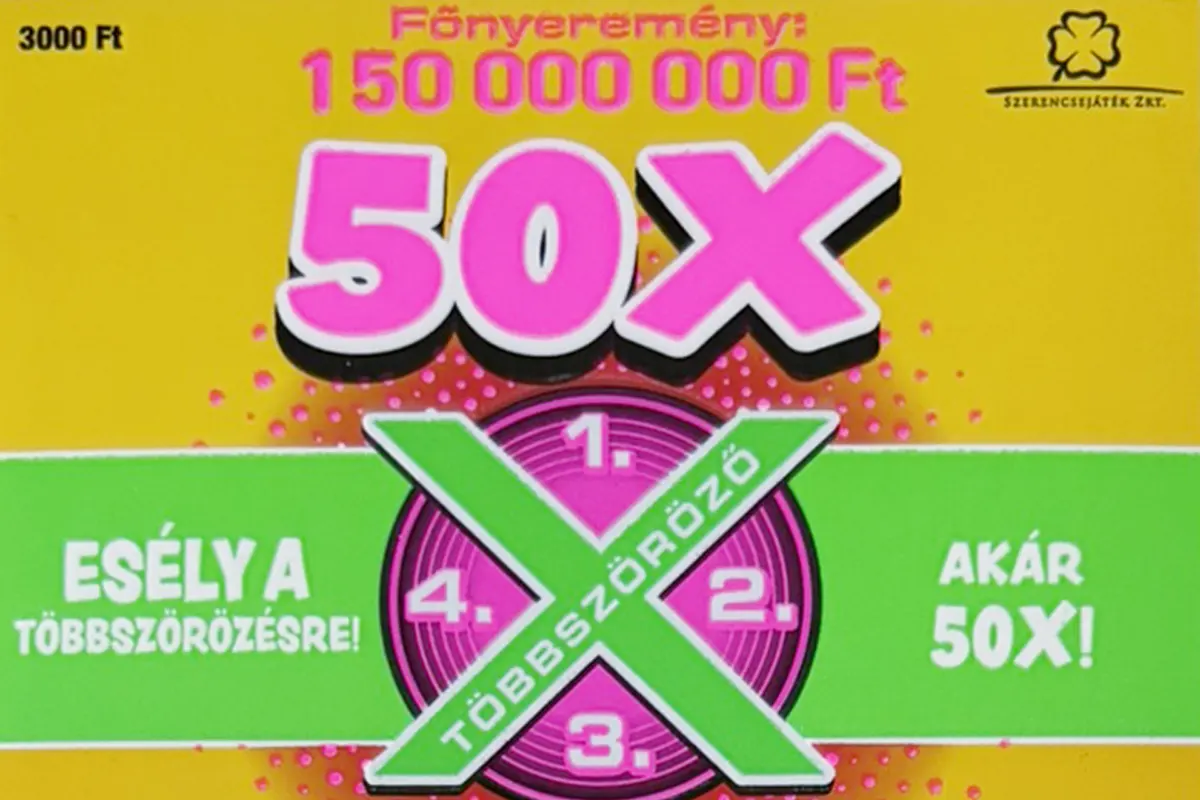 50X kapar&oacute;s sorsjegy, ak&aacute;r 150 milli&oacute; Ft főnyerem&eacute;nyű, t&ouml;bbsz&ouml;r&ouml;zős j&aacute;t&eacute;kos sorsjegy Magyarorsz&aacute;gon
