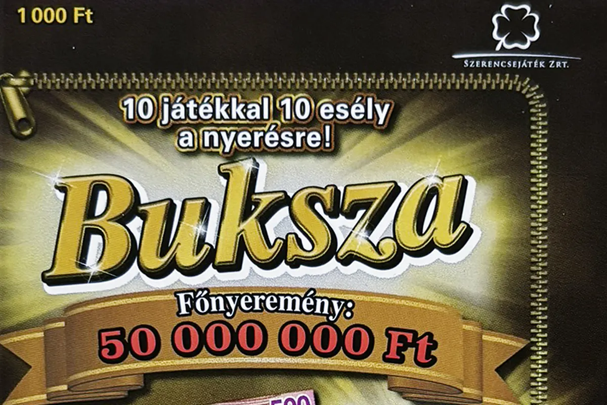 Buksza kapar&oacute;s sorsjegy bor&iacute;t&oacute;, 10 j&aacute;t&eacute;kos, 50 milli&oacute; Ft főnyerem&eacute;nyű sorsjegy magyar bankjegyek diz&aacute;jnj&aacute;val
