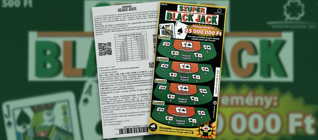Szuper Black Jack kapar&oacute;s sorsjegy, k&aacute;rtyaj&aacute;t&eacute;k t&eacute;m&aacute;j&uacute; hagyom&aacute;nyos magyar kapar&oacute;s sorsjegy 25 milli&oacute; forintos főnyerem&eacute;nnyel