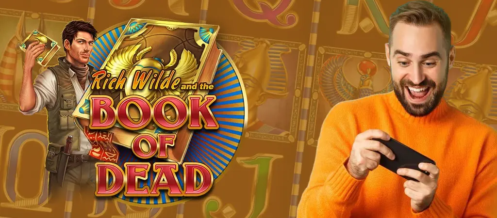 Book of Dead ingyenes, regisztr&aacute;ci&oacute; n&eacute;lk&uuml;li nyerőg&eacute;p j&aacute;t&eacute;kk&eacute;pernyője egy j&aacute;t&eacute;kost &aacute;br&aacute;zol&oacute; grafik&aacute;val, &eacute;s arany sz&iacute;nvil&aacute;ggal