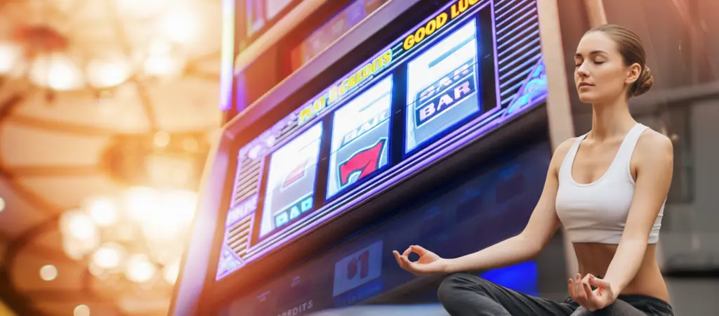 Játékgép mellett meditáló nő, a jóga és a játékgépezés mint szokatlan stresszoldó módszerek vizuális összehasonlítása