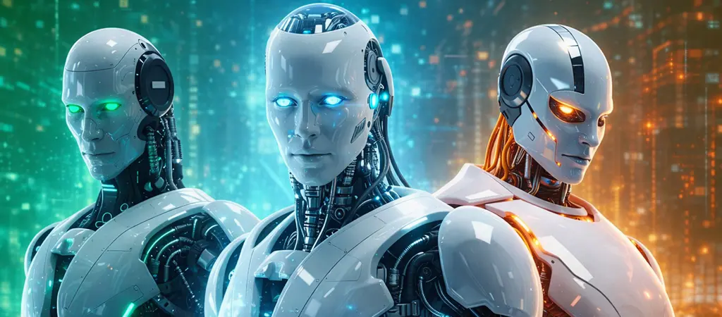 ChatGPT, Gemini és DeepSeek mesterséges intelligencia modellek fotórealisztikus robot formában, sci-fi és cyberpunk hangulatú digitális térben