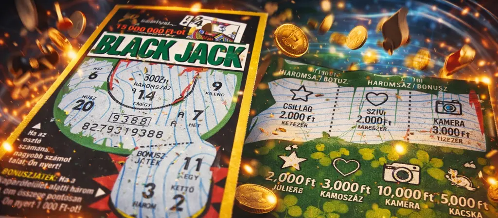 Blackjack témájú kaparós sorsjegy közelről, különböző nyereménymezőkkel és arany érmékkel, amelyek a nyerési esélyeket és a sorsjegyek működését szemléltetik