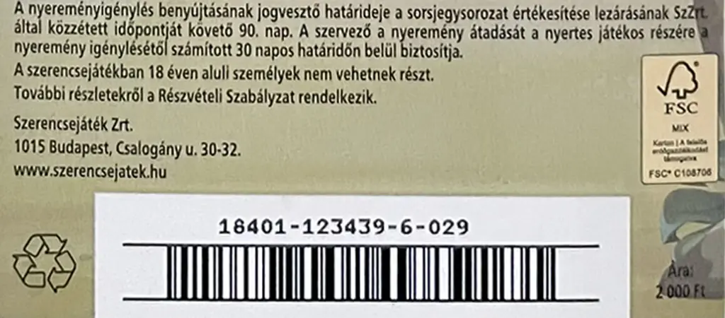 Kaparós sorsjegy hátoldala sorozatszámmal és vonalkóddal