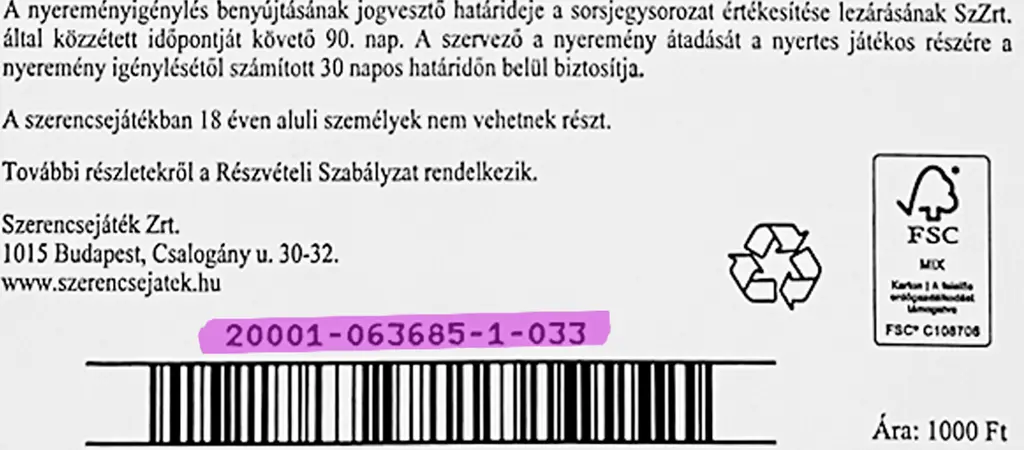 Sorsjegy hátoldalán látható sorozatszám és vonalkód közelről, hivatalos információs szövegekkel körülvéve