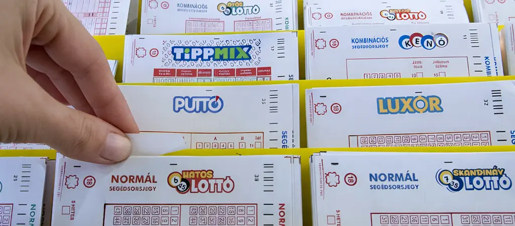 Kéz lottószelvényt választ a kínálatból magyarországi lottózóban Tippmix és egyéb szerencsejáték szelvények között, melyek a lottózó bevételi forrásai és jutalékrendszerének alapjai