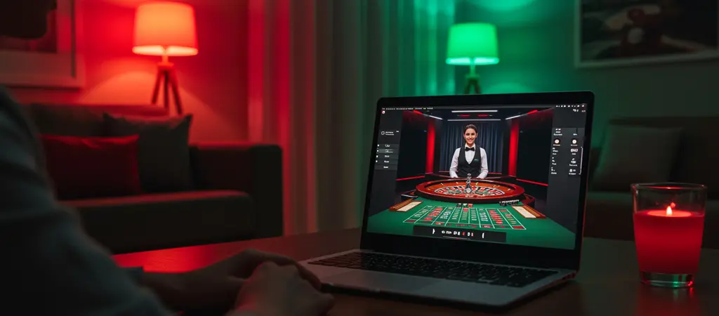 Élő osztós rulett játék laptopon otthoni környezetben online kaszinó felületen