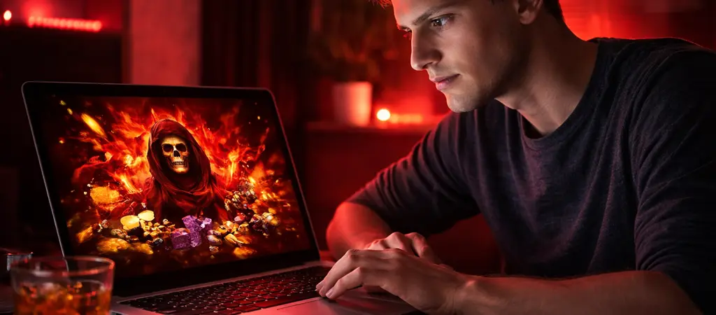 Férfi laptopon veszélyes online kaszinó oldalt néz, illegális online kaszinók kockázatai Magyarországon
