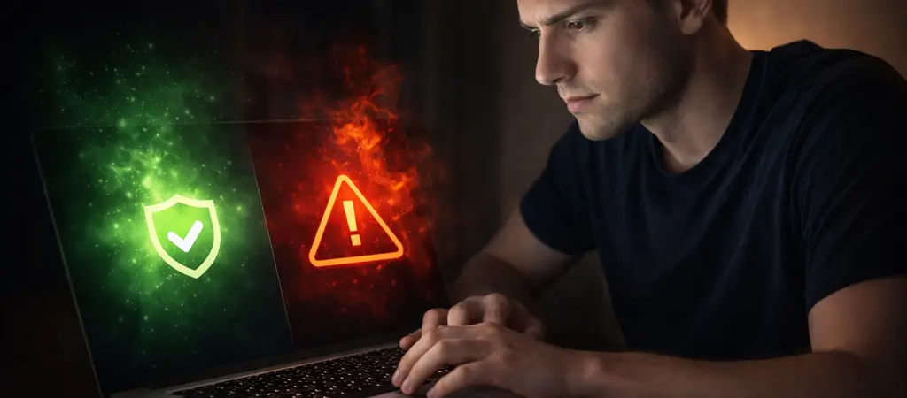 Laptop képernyőn zöld biztonsági ikon és piros figyelmeztetés, legális és illegális online kaszinók közötti különbség