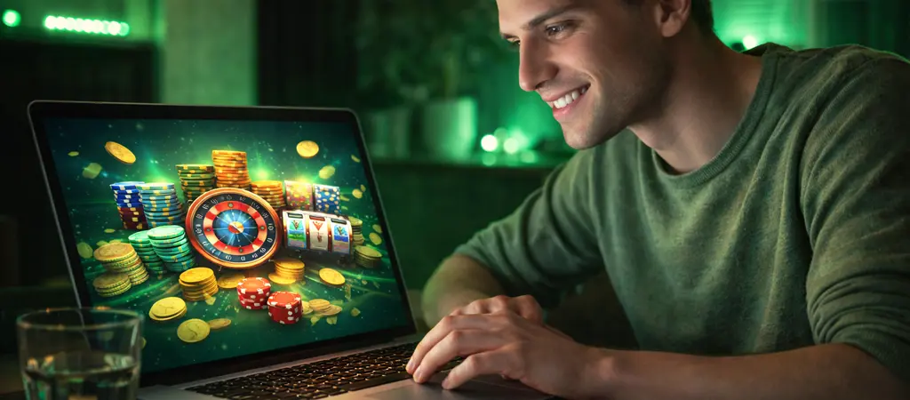 Férfi laptopon online kaszinó játékot játszik, legális online kaszinók Magyarországon