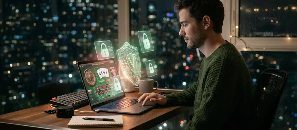 Felhasználó laptopon online kaszinó oldalt használ, digitális lakat ikonok jelzik a legális működést, a biztonságot és a játékosvédelmet