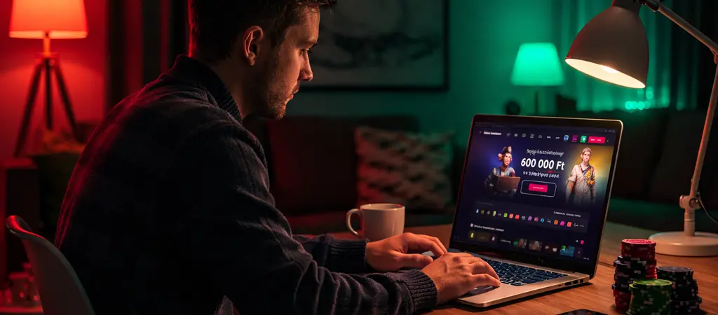 Játékos magyar nyelvű online kaszinó oldalt használ laptopon otthoni környezetben